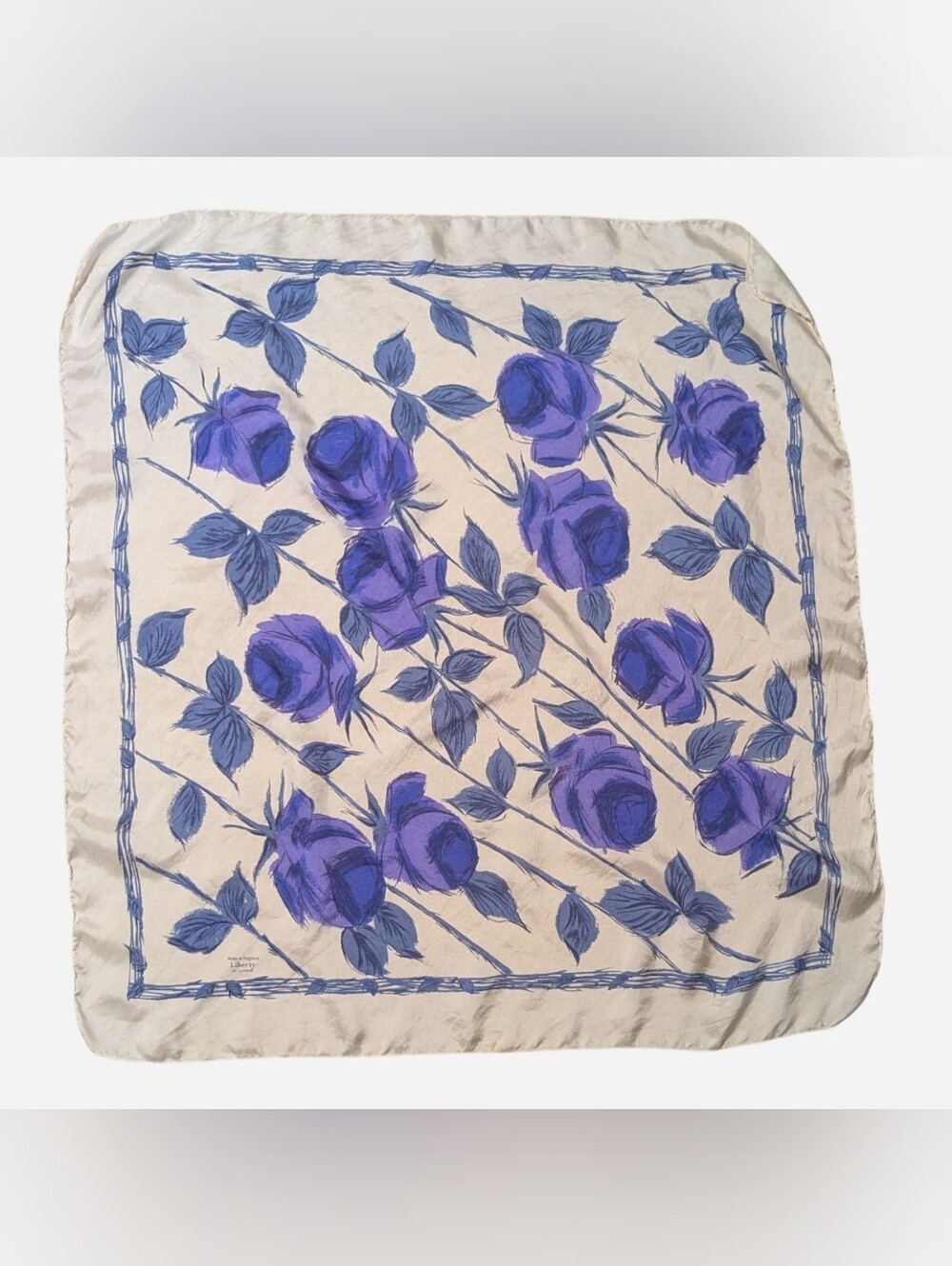 Vintage Liberty London scarf ascot blue purple roses rose flower floral England